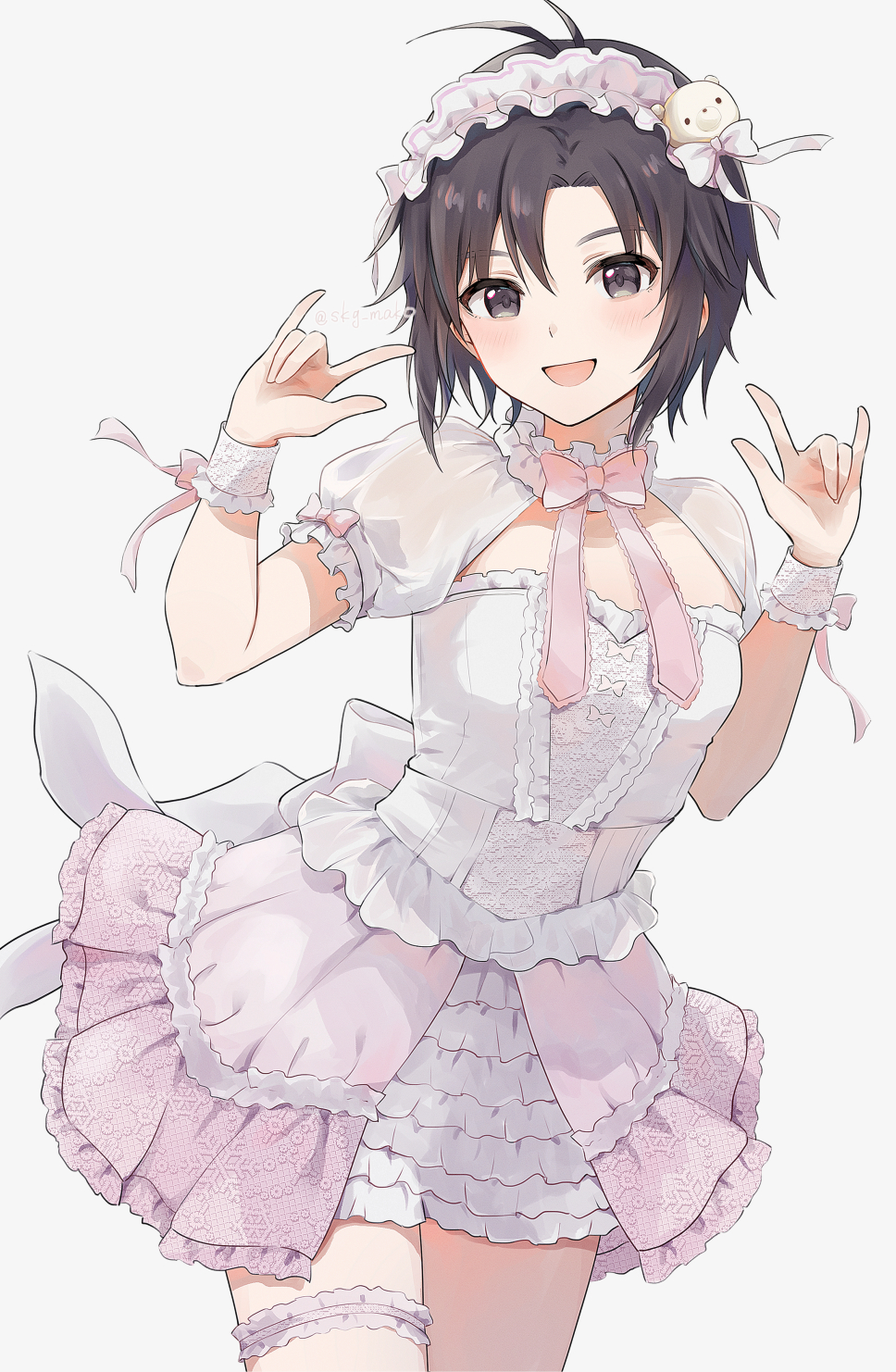 1girl :d \m/ antenna_hair black_eyes black_hair bow bowtie breasts choker cowboy_shot double_\m/ dress forehead frilled_dress frills highres idolmaster idolmaster_(classic) idolmaster_2 idolmaster_million_live! idolmaster_million_live!_theater_days kikuchi_makoto layered_dress light_blush looking_at_viewer mogskg open_mouth parted_bangs pink_bow pink_bowtie puffy_short_sleeves puffy_sleeves short_hair short_sleeves sidelocks simple_background small_breasts smile solo standing thigh_strap twitter_username white_background white_choker white_dress white_headdress