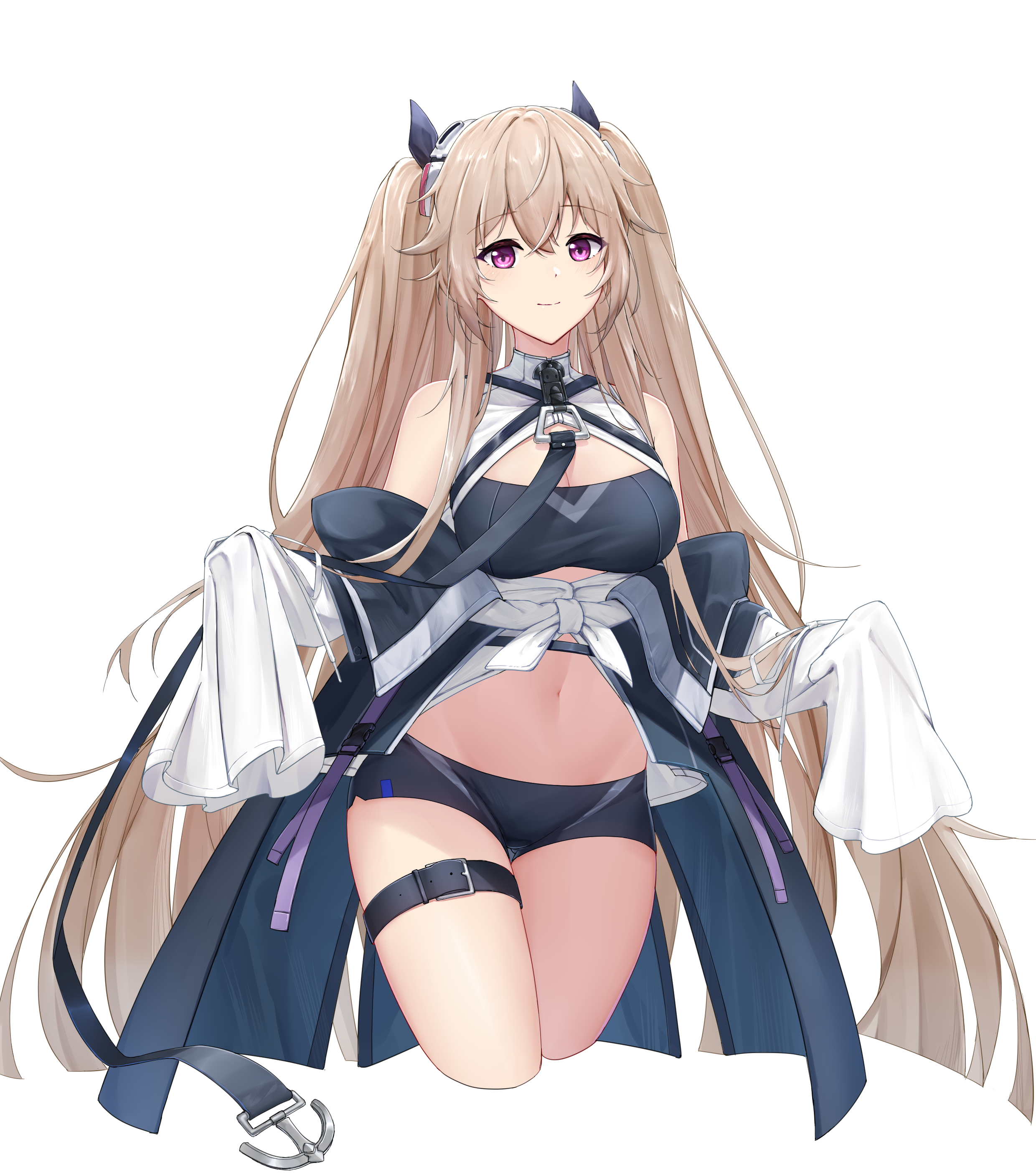kafeifeifeifeifeifei jiemo jun, anchorage (azur lane), azur lane, absurdres, chinese commentary, commentary, highres, 1girl, anchor symbol, bare shoulders, black shorts, blue coat, blunt ends, blush, breasts, cleavage, closed mouth, coat, cropped legs, image