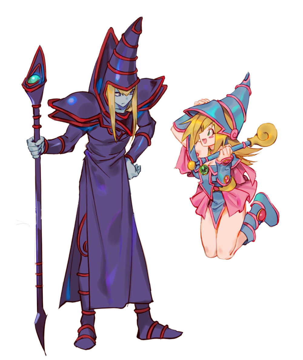 1boy 1girl aruk blonde_hair blue_footwear blue_hat blue_leotard blue_skin blush_stickers closed_mouth colored_skin dark_magician dark_magician_girl duel_monster floating full_body hat holding holding_staff leotard long_hair looking_at_another purple_robe robe showgirl_skirt simple_background staff white_background wizard_hat yu-gi-oh!