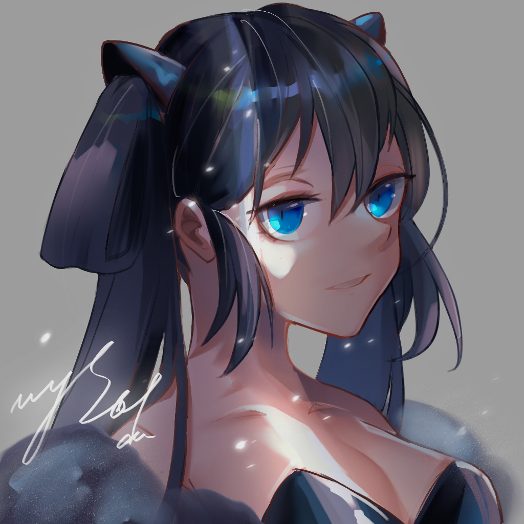 1girl armpit_crease black_hair blue_eyes breasts collarbone grey_background hair_between_eyes light_rays long_hair mysoda open_mouth original puffy_sleeves signature simple_background slit_pupils smile solo twintails upper_body