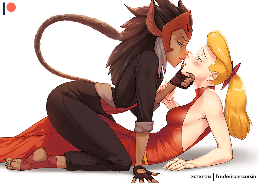 2girls adora animal_ears arm_grab arm_support black_gloves black_jacket black_nails black_pants blonde_hair blue_eyes blush bow breasts brown_hair cat_ears cat_tail catra claws commentary dark-skinned_female dark_skin dress english_commentary fingerless_gloves frederico_escorsin gloves hair_bow half-closed_eyes halterneck hand_on_another&#039;s_chin headdress imminent_kiss jacket kneeling leaning_forward lips logo long_hair long_sleeves lying masters_of_the_universe medium_breasts multiple_girls nail_polish on_back on_bed pants patreon_username ponytail red_bow red_dress red_footwear red_shirt shadow she-ra she-ra_and_the_princesses_of_power shirt simple_background sleeves_rolled_up spats_(footwear) tail villainess white_background yuri