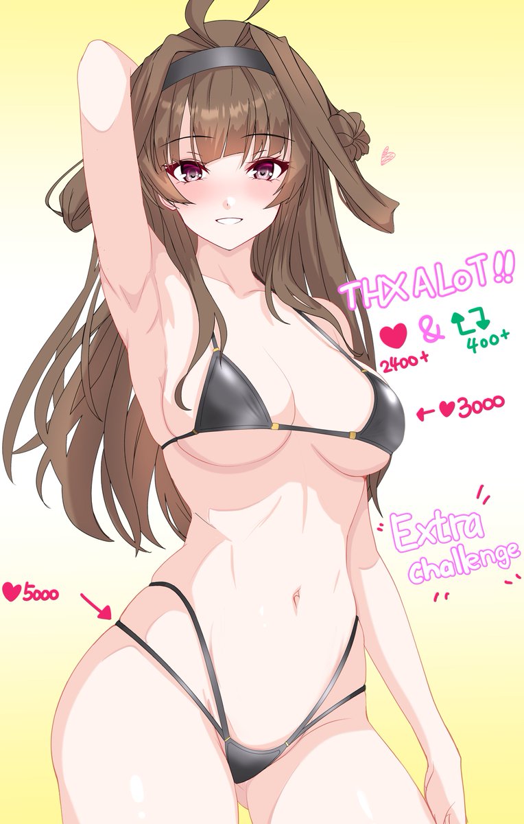 1girl ahoge arm_behind_head bikini black_hairband brown_hair commentary_request contrapposto cut-here_line double_bun english_text gradient_background hair_bun hairband highres kantai_collection kongou_(kancolle) like_and_retweet looking_at_viewer nitamako_(sakamalh) purple_eyes solo standing swimsuit twitter_strip_game yellow_background