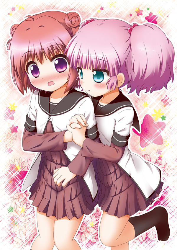 2girls akaza_akari aoba_(kona) bad_id bad_pixiv_id black_socks blue_eyes blush collarbone double_bun hair_bobbles hair_bun hair_ornament holding_hands interlocked_fingers kneehighs leg_up md5_mismatch multiple_girls open_mouth pink_hair purple_eyes red_hair school_uniform serafuku single_hair_bun socks star_(symbol) twintails yoshikawa_chinatsu yuri yuru_yuri