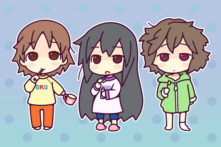 3girls black_hair brown_eyes brown_hair brushing brushing_teeth chibi hair_down hirasawa_ui k-on! long_hair messy_hair multiple_girls nakano_azusa red_eyes short_hair sleepwear suzuki_jun toothbrush udonntennni