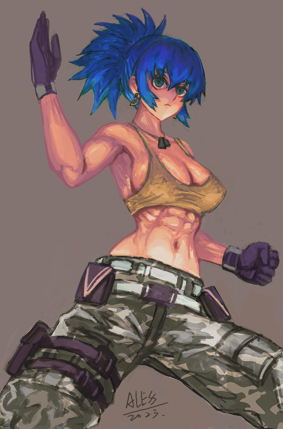 1girl alexsiao blue_hair breasts curvy female_focus gloves green_eyes large_breasts leather leona_heidern long_hair military pale_skin pants ponytail shirt tank_top the_king_of_fighters tight_clothes tight_shirt