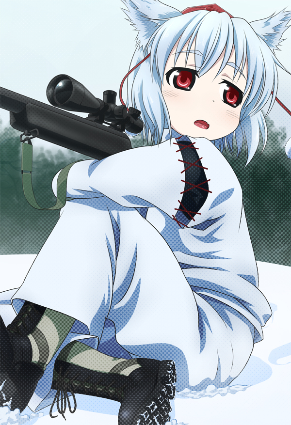 1girl animal_ears female_focus gun hat inubashiri_momiji kusaba kusaba_(kusabashiki) red_eyes rifle short_hair silver_hair sitting sniper_rifle snow solo tail tokin_hat touhou weapon wolf_ears wolf_tail