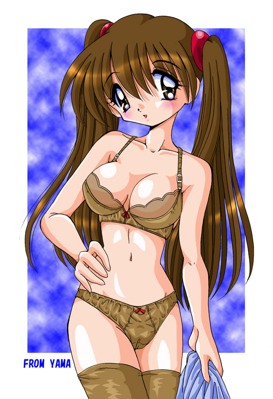 1girl artist_name bra brown_eyes brown_hair female_focus lingerie long_hair non-web_source panties solo thighhighs twintails underwear underwear_only yama yama_(shinanoya)