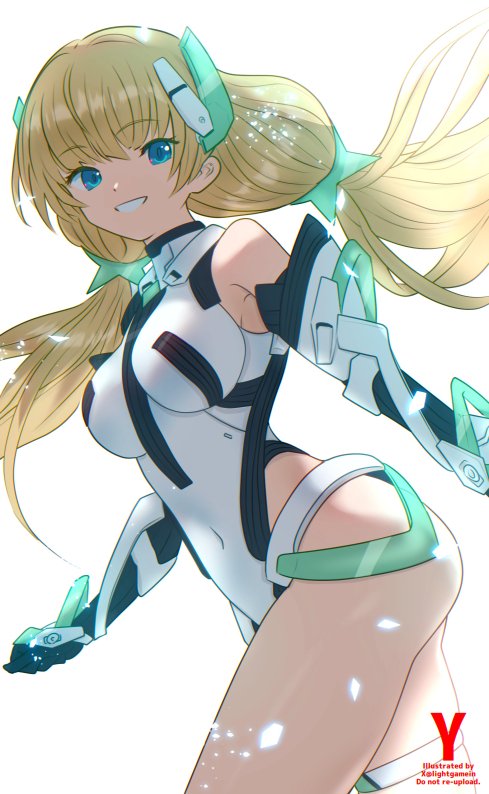 1girl :d angela_balzac ass bare_shoulders black_gloves blonde_hair blue_eyes breasts covered_navel cropped_legs elbow_gloves floating_hair gloves headgear leotard long_hair looking_at_viewer low_twintails medium_breasts open_mouth rakuen_tsuihou simple_background smile solo takasaka_light thighs twintails very_long_hair white_background white_leotard