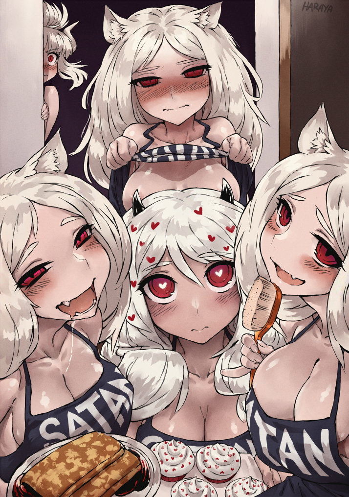 3: 5girls animal_ears apron apron_lift blush breasts cerberus_(helltaker) clothes_lift cupcake demon_horns dog_ears drooling fang food grey_hair hair_brush hair_ornament haraya_manawari heart heart-shaped_pupils heart_hair_ornament helltaker horns large_breasts looking_at_viewer lucifer_(helltaker) modeus_(helltaker) multiple_girls naked_apron naughty_face open_mouth peeking plate symbol-shaped_pupils