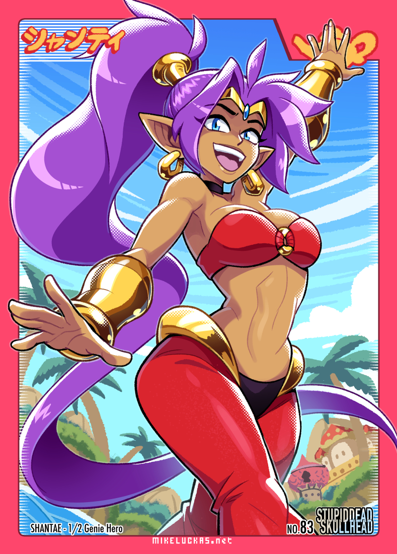 1girl 2024 arms_up artist_name bad_tag black_choker blue_eyes blue_sky bracers breasts card choker cloud dark-skinned_female dark_skin datskelebutt day earrings female female_focus gold gold_bracers gold_earrings half-genie highres japanese_text jewelry long_hair long_purple_hair looking_at_viewer medium_breasts mike_luckas open_mouth outdoors palm_tree pointy_ears ponytail purple_hair shantae shantae_(series) sky smile solo solo_focus tree underboob wide_hips