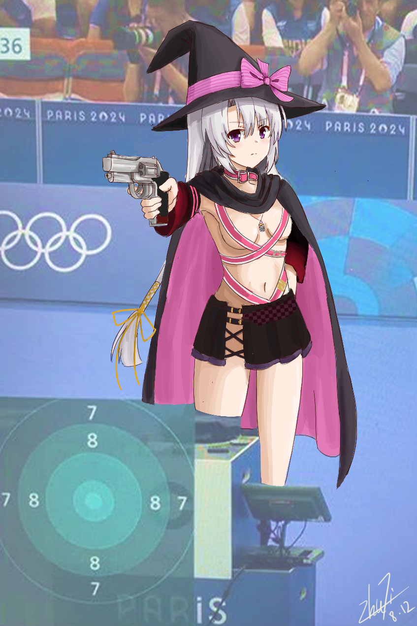 1girl 2024_summer_olympics ayachi_nene belt belt_bra belt_collar black_cape black_hat black_skirt bow breasts breasts_apart cape chinese_commentary collar commentary_request detached_sleeves feet_out_of_frame grey_hair gun hair_between_eyes hair_ribbon hand_on_own_hip handgun hat hat_bow highres hip_vent holding holding_gun holding_weapon jpeg_artifacts long_hair long_sleeves looking_at_viewer medium_breasts miniskirt navel olympics outstretched_arm parody photo_background pink_belt pink_bow pink_cape pleated_skirt ribbon sanoba_witch serious sidelocks signature skirt solo split_mouth standing striped_bow two-sided_cape two-sided_fabric two-tone_cape v-shaped_eyebrows very_long_hair weapon wide_sleeves witch witch_hat wrnmsb yellow_ribbon yusuf_dikec