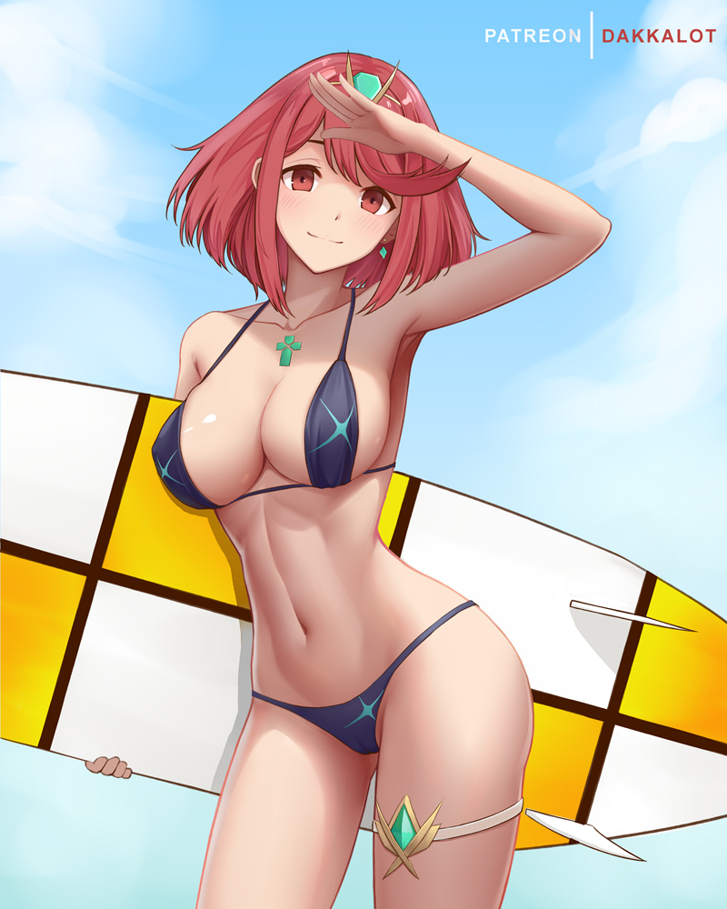 1girl armpits arms_up artist_name bare_arms bare_shoulders bikini black_bikini blue_sky blush breasts cleavage closed_mouth collarbone contrapposto cowboy_shot dakkalot day earrings female_focus gem holding jewelry large_breasts looking_at_viewer matching_hair/eyes navel nintendo outdoors patreon_username pyra_(xenoblade) red_eyes red_hair salute short_hair sky smile solo stomach surfboard swept_bangs swimsuit thighs tiara xenoblade_chronicles_(series) xenoblade_chronicles_2