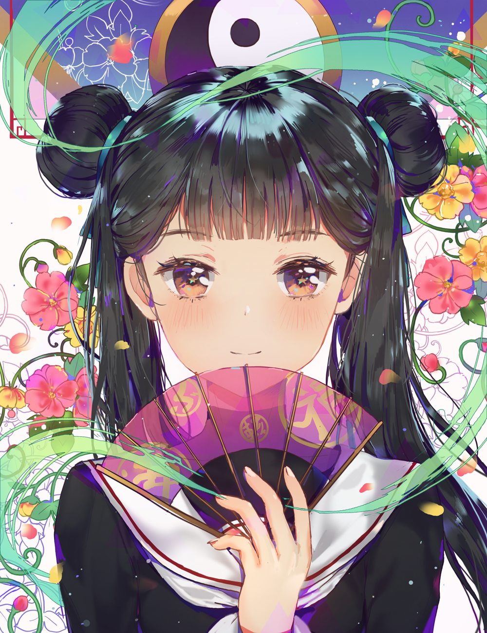 1990s_(style) 1girl bad_id bad_pixiv_id black_hair black_serafuku blush braid brown_eyes cardcaptor_sakura dangmill double_bun female_focus floral_background flower folding_fan hair_bun hand_fan highres holding li_meiling long_sleeves looking_at_viewer neckerchief pink_flower portrait retro_artstyle school_uniform see-through_clothes serafuku smile solo star-shaped_pupils star_(symbol) symbol-shaped_pupils twin_braids yellow_flower yin_yang