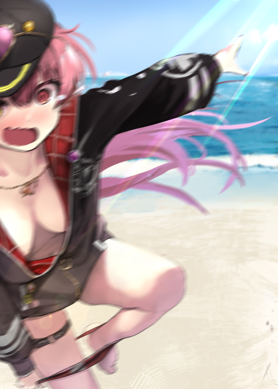 1girl :o bare_legs barefoot baseball_cap beach bikini_bottom_pull black_hat black_jacket blurry blurry_background blush breasts collarbone commentary downblouse eyewear_on_head falling gradient_hair hair_between_eyes hat heart heart-shaped_eyewear heart_necklace heterochromia highres hololive houshou_marine houshou_marine_(summer) jacket jewelry large_breasts light_rays long_hair long_sleeves looking_at_viewer motion_blur multicolored_hair naked_jacket navel necklace o-ring o-ring_thigh_strap open_clothes open_jacket open_mouth pink-tinted_eyewear ponytail purple_hair red_eyes red_hair solo standing standing_on_one_leg sunglasses thigh_strap tinted_eyewear tripping very_long_hair virtual_youtuber wankosukii wavy_mouth yellow_eyes