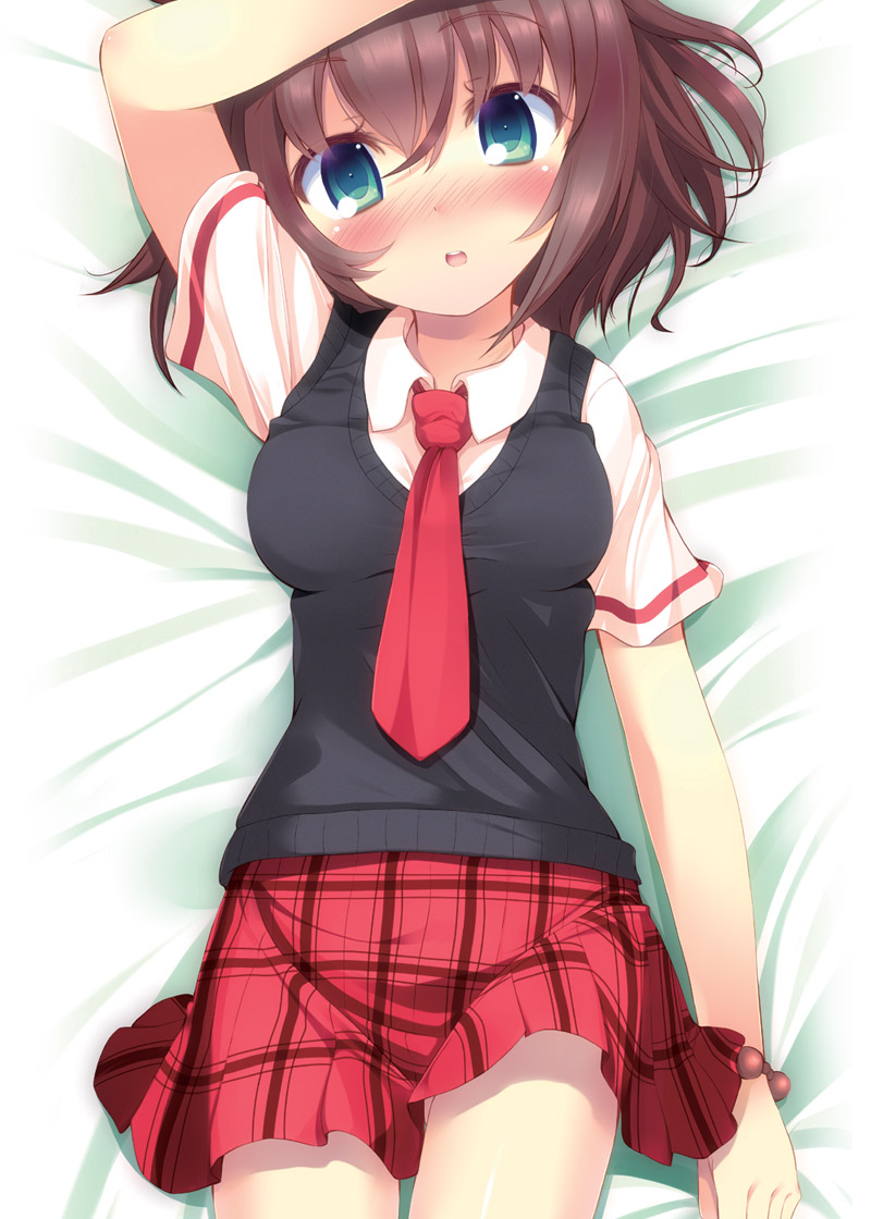 1girl :o blush bracelet female_focus green_eyes jewelry komone_ushio lying necktie open_mouth plaid_clothes plaid_skirt school_uniform skirt solo sweater_vest triagain triangle!