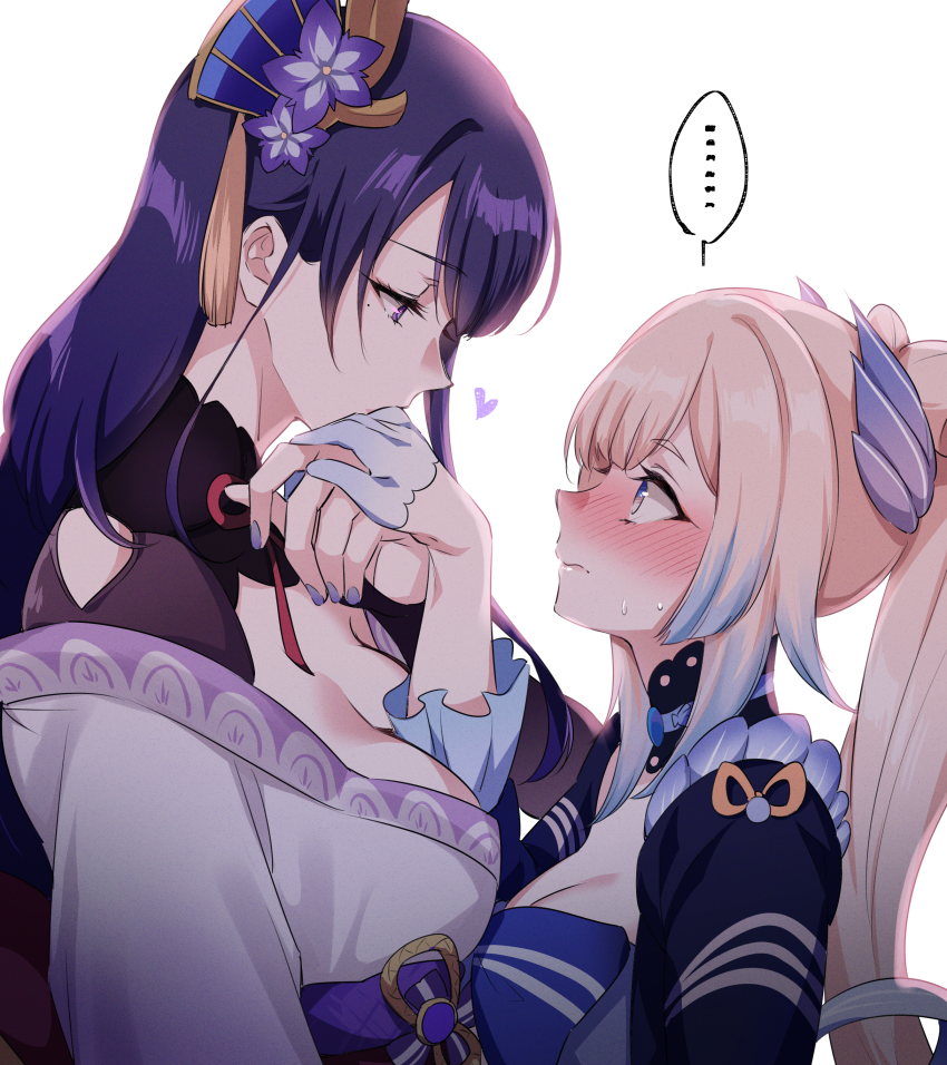 ... 2girls blue_eyes blush breasts cleavage closed_mouth genshin_impact gloves half_gloves heart height_difference kissing_hand long_hair looking_at_another medium_breasts mole mole_under_eye multiple_girls negom pink_hair ponytail purple_eyes purple_hair raiden_shogun sangonomiya_kokomi simple_background spoken_ellipsis white_background white_gloves yuri