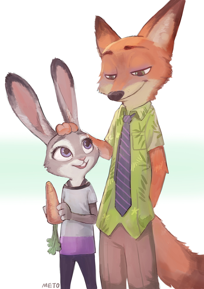 1boy 1girl animal_ears rabbit_ears carrot disney fox_ears fox_tail furry headpat judy_hopps meto31 necktie nick_wilde purple_eyes smile tail zootopia