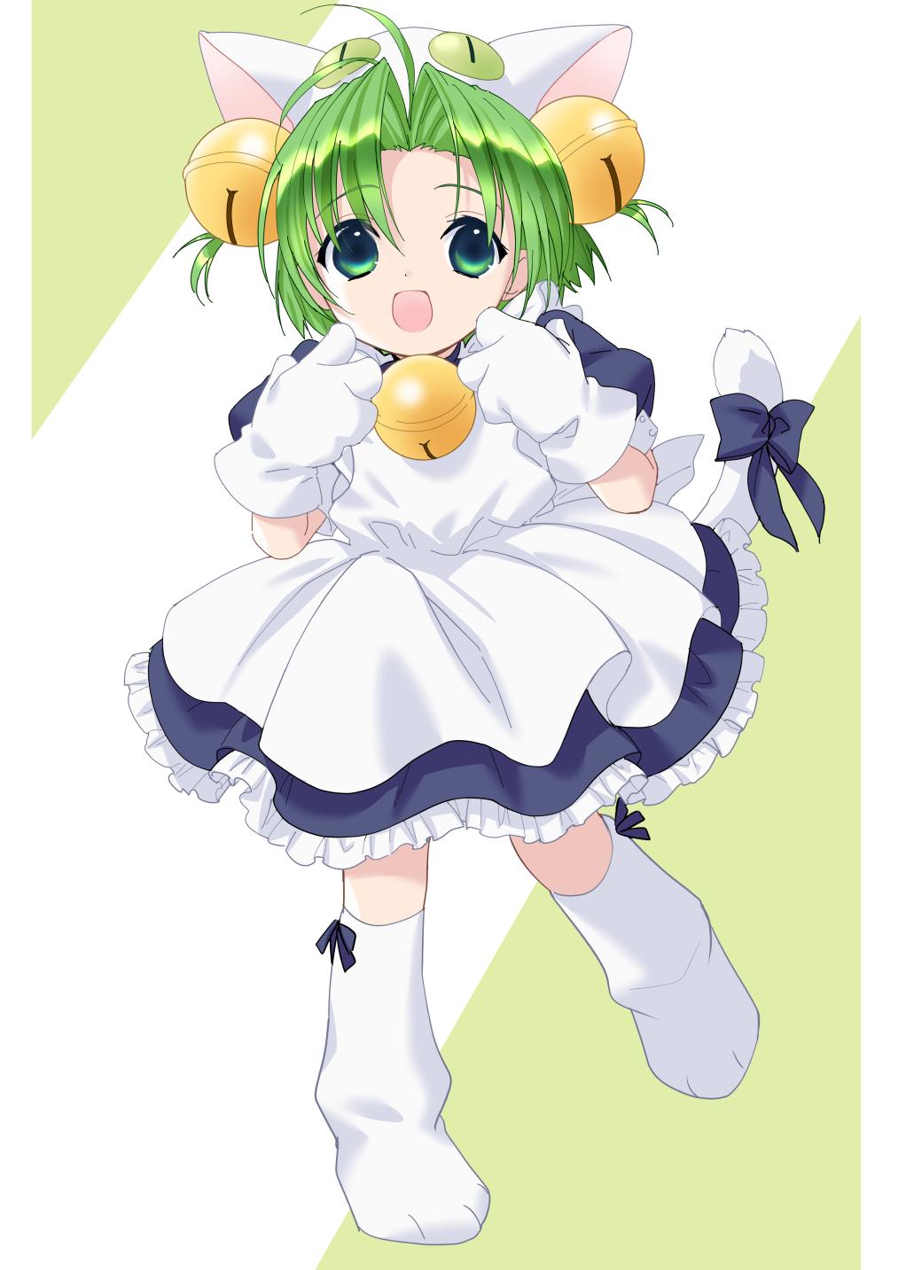 1girl :d ahoge animal_hat apron bell blue_bow blue_dress bow cat_girl cat_hat cat_tail commentary_request dejiko di_gi_charat dress footwear_bow full_body green_background green_eyes green_hair hair_bell hair_ornament hat highres jingle_bell looking_at_viewer medium_hair mittens neck_bell open_mouth parted_bangs paw_shoes puffy_short_sleeves puffy_sleeves shoes short_sleeves smile solo standing standing_on_one_leg tail tail_bow tail_ornament tsuyuta_kome two-tone_background two_side_up white_apron white_background white_hat white_mittens white_shoes