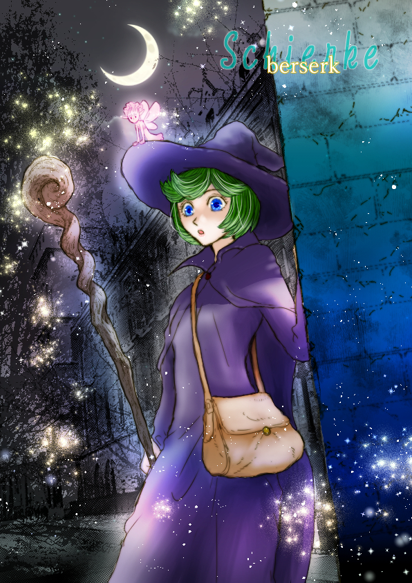 1girl 1other bag berserk blue_eyes character_name commentary_request copyright_name cowboy_shot dress evarella_(berserk) fairy green_hair hat holding kame_(jeycobsry) moon night night_sky open_mouth purple_dress schierke_(berserk) short_hair sky witch_hat