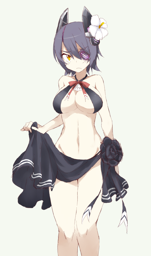 1girl bad_id bad_twitter_id bare_shoulders bikini blush breasts cleavage collarbone cosplay eyepatch female_focus flower groin hair_flower hair_ornament halterneck headgear hibiscus kantai_collection large_breasts looking_at_viewer navel purple_hair shigino_sohuzi short_hair simple_background solo swimsuit tatsuta_(kancolle) tatsuta_(kancolle)_(cosplay) tatsuta_(swimsuit_mode)_(kancolle) tenryuu_(kancolle) yellow_eyes