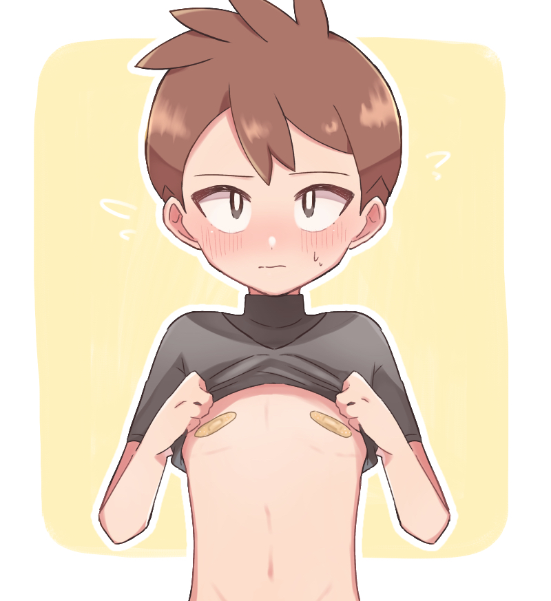 1boy bandaid bandaids_on_nipples blush border bright_pupils brown_eyes brown_hair closed_mouth clothes_lift commentary_request creatures_(company) flying_sweatdrops game_freak hachi_(hachi_sin) lifting_own_clothes male_focus nintendo outline pasties pokemon pokemon_lgpe shirt_lift short_hair solo sweat trace_(pokemon) upper_body white_border white_pupils yellow_background