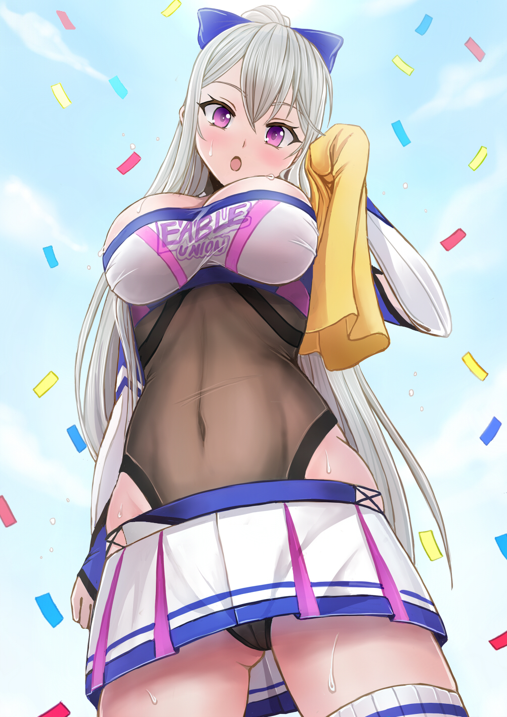 1girl :o azur_lane blue_sky blue_thighhighs blush bow breasts casablanca_(azur_lane) casablanca_(cheer_squad_on_break)_(azur_lane) cheerleader cleavage clothing_cutout cloud commentary_request confetti covered_navel cowboy_shot crop_top day drying from_below gluteal_fold grey_leotard groin hair_between_eyes hair_bow hand_up highres holding holding_towel large_breasts leotard leotard_under_clothes long_hair long_sleeves looking_at_viewer miniskirt official_alternate_costume open_mouth pleated_skirt purple_eyes ribbed_legwear sai-go shirt sidelocks silver_hair skindentation skirt sky solo standing sweat thighhighs towel two-tone_skirt wet wet_clothes wet_shirt white_shirt white_skirt zettai_ryouiki