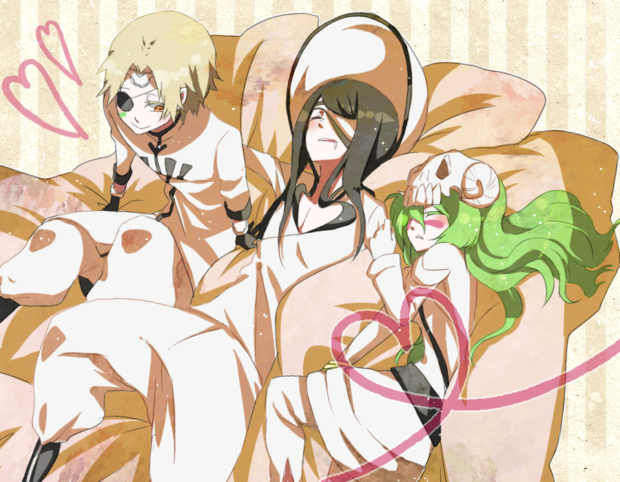 arrancar black_hair bleach brown_hair eyepatch green_hair li_sakura long_hair nelliel_tu_odelschwanck nnoitra_gilga saliva sleeping tesra_lindocruz