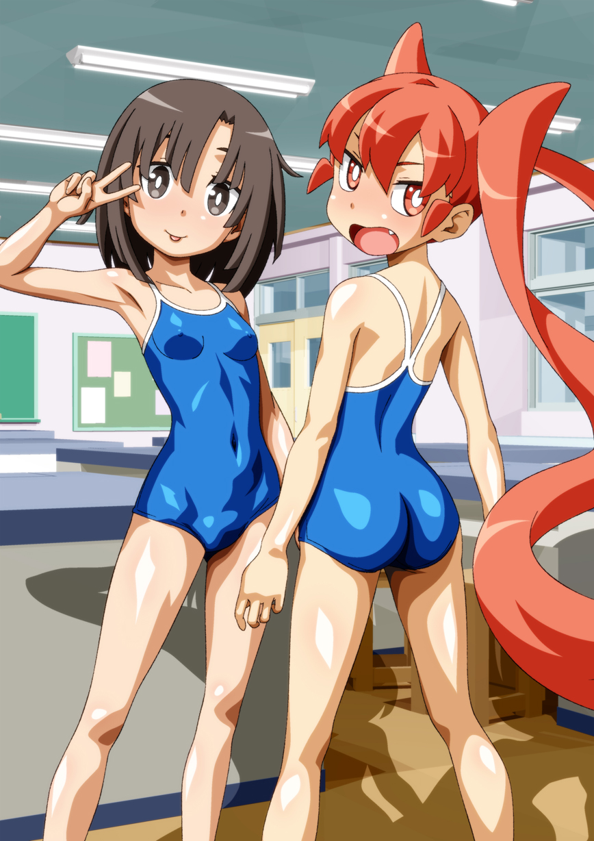 2girls ass blue_one-piece_swimsuit breasts bright_pupils brown_eyes brown_hair carinae classroom closed_mouth collarbone commentary_request covered_erect_nipples covered_navel door fang floating_hair hair_between_eyes hand_up highres indoors kitanaga long_hair multiple_girls one-piece_swimsuit open_mouth orange_eyes orange_hair school_swimsuit shiny_skin smile standing stool swimsuit table tongue tongue_out twintails ueno-san_wa_bukiyou ueno_(ueno-san_wa_bukiyou) v white_pupils