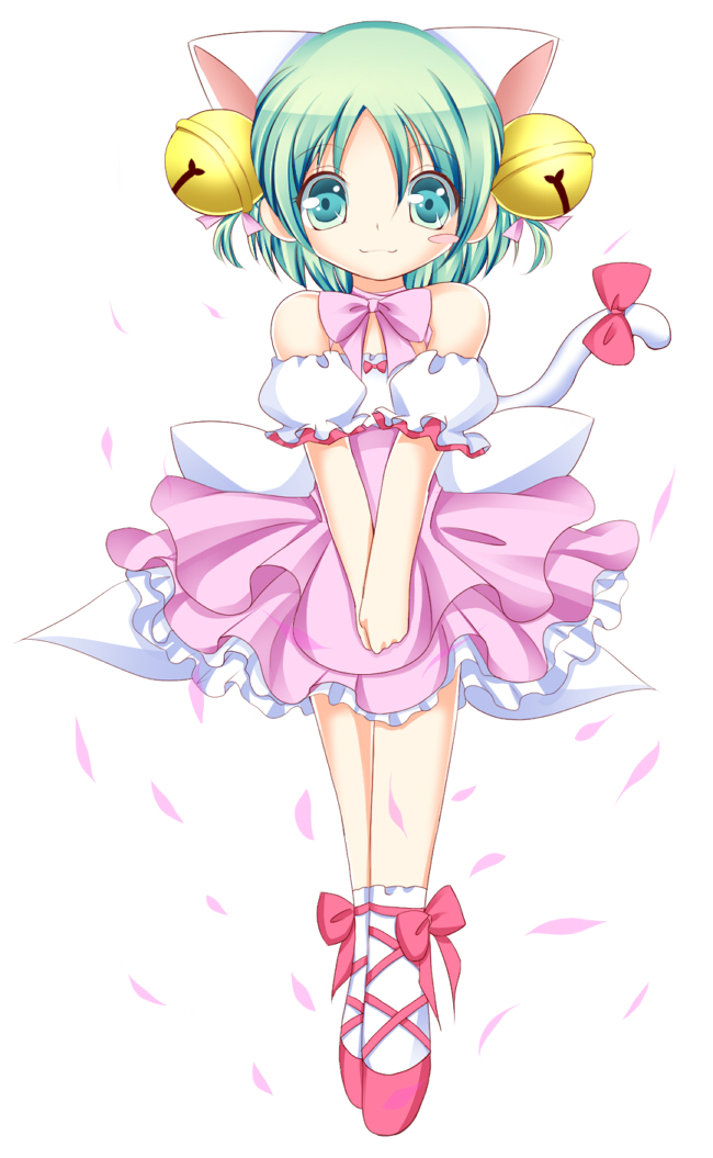 1girl animal_ears bell bow cat_ears cat_tail colorized cosplay dejiko di_gi_charat dress female_focus frills green_eyes green_hair looking_at_viewer matching_hair/eyes noumin shun_(minihouse) simple_background smile solo tail usada_hikaru usada_hikaru_(cosplay) white_background