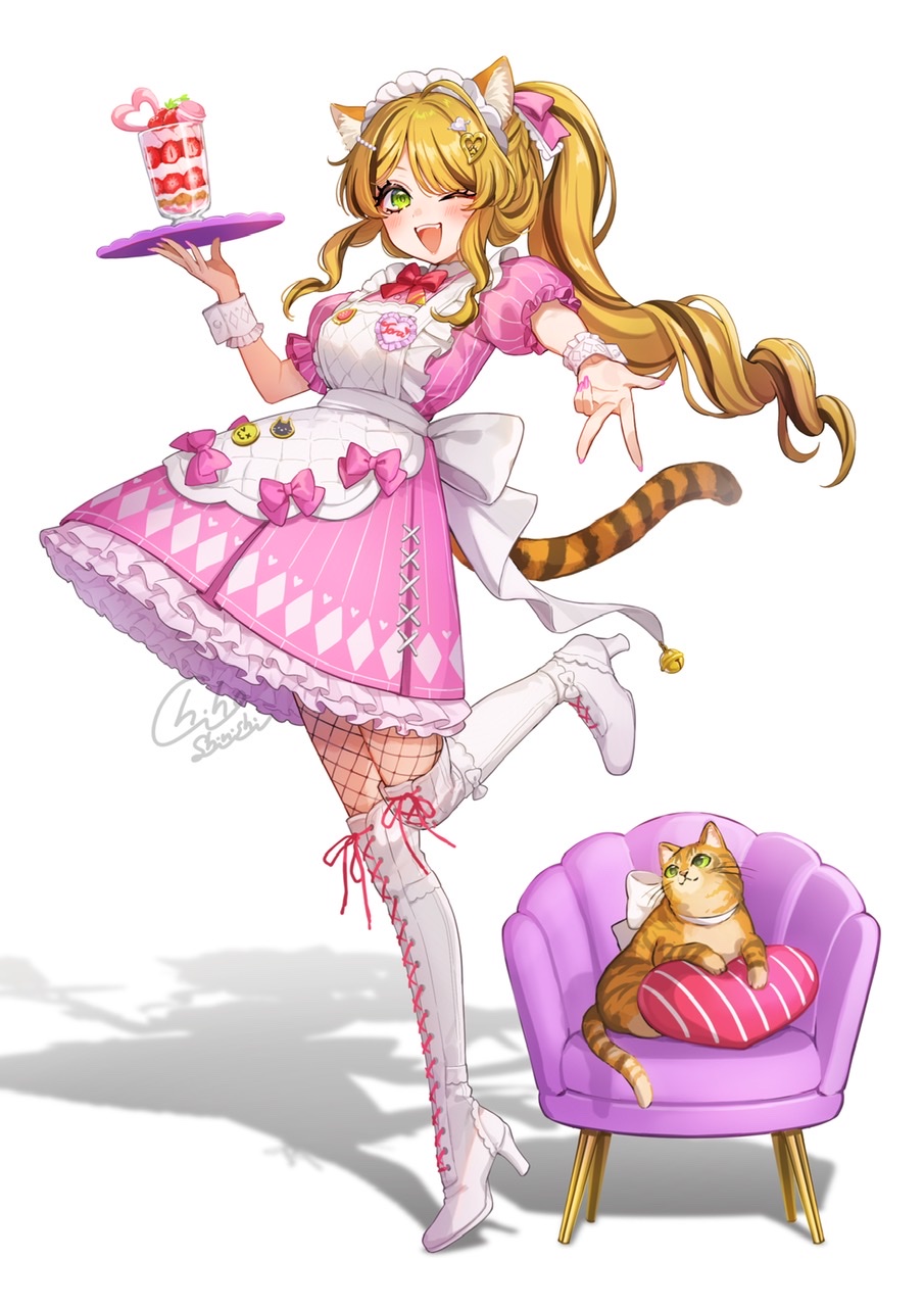 1girl animal_ears blonde_hair blush boots brown_hair cat cat_ears chair commentary_request dress food full_body green_eyes gyaru gyaru_v heart high_heel_boots high_heels highres holding holding_tray leg_up long_hair looking_at_viewer maid multicolored_hair one_eye_closed open_mouth original parfait pillow pink_dress pink_nails ponytail shinishi_chiho simple_background smile standing standing_on_one_leg strawberry_parfait streaked_hair tray v very_long_hair waitress white_background white_footwear