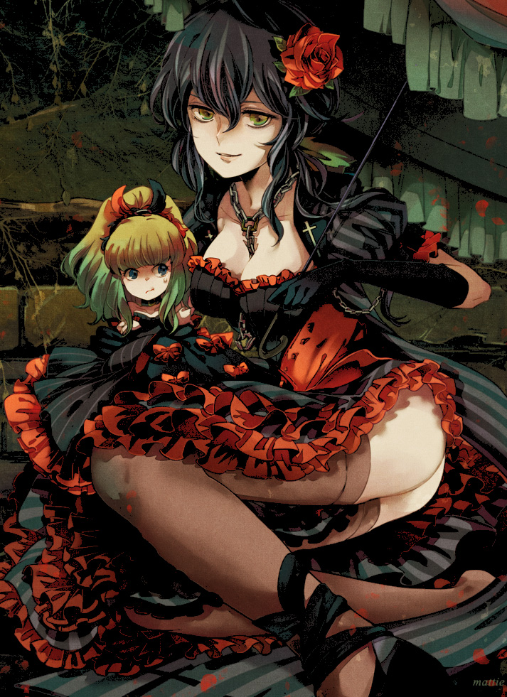 2girls black_gloves black_hair blonde_hair breasts chain chain_necklace cleavage dress elyse_(sound_horizon) flower frilled_dress frills genderswap genderswap_(mtf) gloves gradient_hair green_eyes jewelry long_hair looking_at_viewer maerchen_(sound_horizon) marchen_von_friedhof mattie medium_breasts multicolored_hair multiple_girls necklace parasol ponytail ribbon rose smile sound_horizon streaked_hair sweatdrop thighhighs umbrella