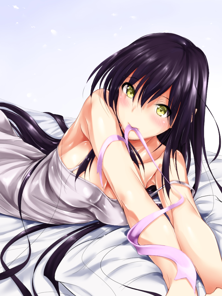 10s 1girl bare_shoulders bed_sheet blush breasts cleavage dendendert dress hair_down hair_ribbon long_hair lying mouth_hold on_bed purple_hair ribbon solo tokyo_ravens tsuchimikado_natsume untied yellow_eyes