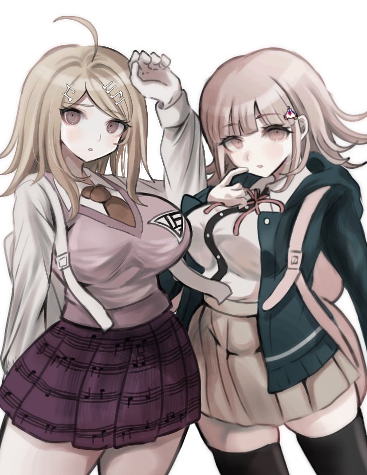 2girls ahoge akamatsu_kaede alternate_hair_length alternate_hairstyle blonde_hair breasts brown_hair collared_shirt danganronpa_(series) danganronpa_2:_goodbye_despair danganronpa_v3:_killing_harmony flipped_hair fortissimo galaga hair_ornament ikemen&#039;na_ore-shi jacket large_breasts long_hair long_sleeves looking_at_viewer medium_hair multiple_girls musical_note musical_note_hair_ornament nanami_chiaki neck_ribbon necktie open_clothes open_jacket open_mouth pink_eyes pink_ribbon pink_sweater_vest pink_vest pleated_skirt ribbon shirt skirt sweater_vest thick_thighs thighhighs thighs vest white_background white_bag white_shirt