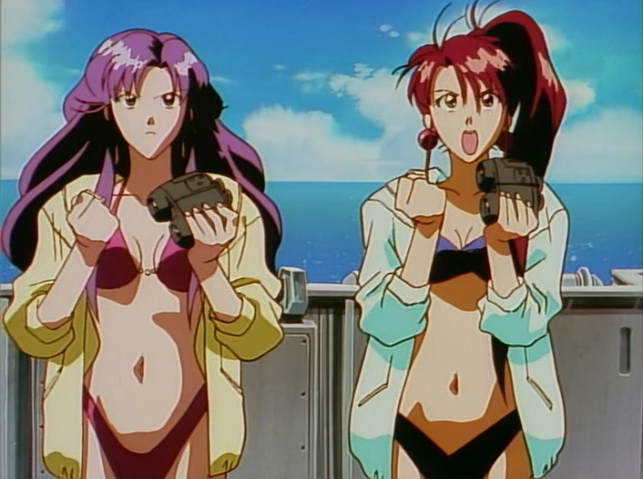 1990s_(style) 2girls beach bikini binoculars brown_hair determined idol_boueitai_hummingbird idol_bouetai_hummingbird multiple_girls navel ocean purple_hair retro_artstyle side_ponytail swimsuit