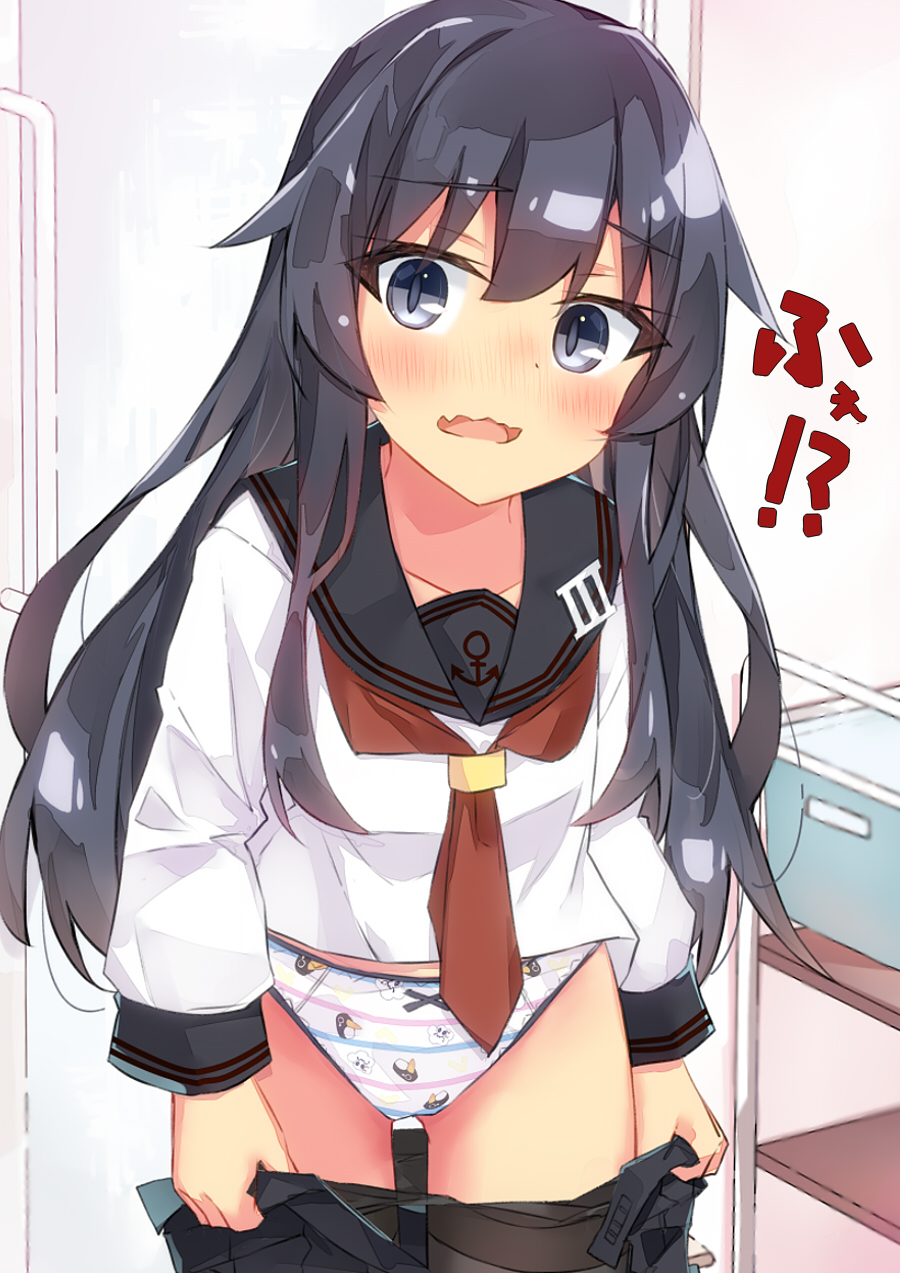 1girl akatsuki_(kancolle) anchor_symbol beritabo black_hair black_sailor_collar black_skirt black_trimmed_panties blush bow bow_panties brown_pantyhose clothes_pull collarbone commentary_request failure_penguin fang grey_eyes hair_between_eyes highres indoors kantai_collection long_hair long_sleeves looking_at_viewer miss_cloud neckerchief nose_blush open_mouth panties pantyhose pantyhose_pull print_panties puffy_long_sleeves puffy_sleeves red_neckerchief sailor_collar school_uniform serafuku shirt skirt skirt_pull solo standing striped_clothes striped_panties translation_request trimmed_panties underwear very_long_hair wavy_mouth white_panties white_shirt