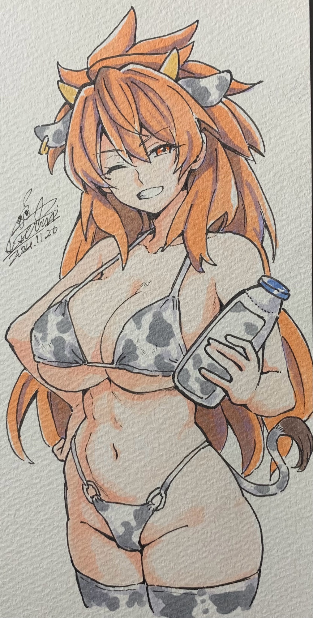 1girl amou_kanade animal_ears animal_print armpits bikini bottle breasts cleavage cototiworld cow_ears cow_horns cow_print cow_print_bikini cow_print_thighhighs dated fake_animal_ears fake_horns groin hand_on_own_hip highres holding holding_bottle horns large_breasts long_hair looking_at_viewer milk_bottle o-ring o-ring_bikini one_eye_closed open_mouth orange_hair photo_(medium) print_bikini print_thighhighs senki_zesshou_symphogear signature simple_background smile solo swimsuit teeth thighhighs traditional_media very_long_hair white_background