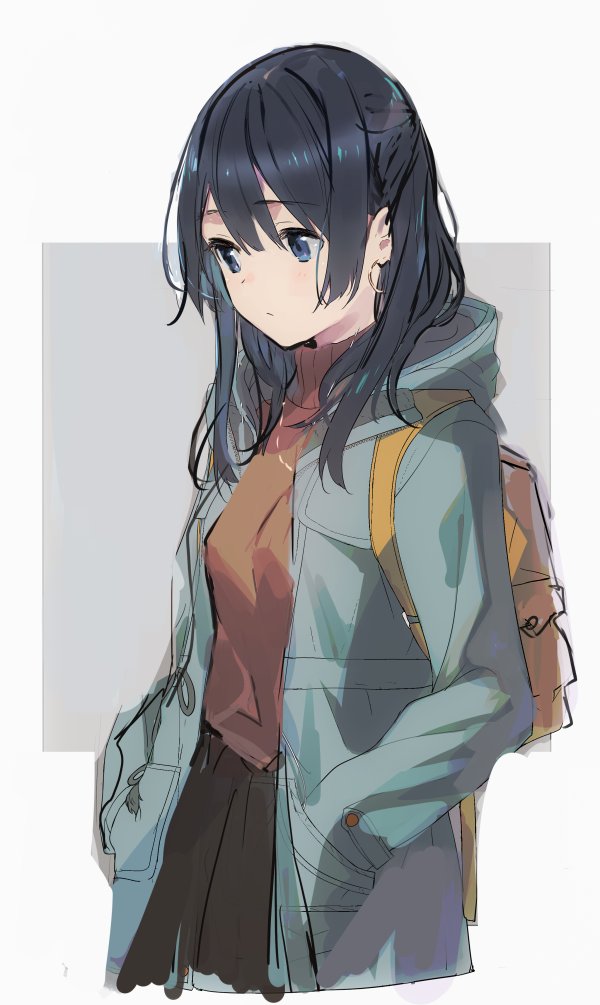 1girl backpack bag black_hair border brown_skirt closed_mouth earrings from_side grey_jacket hands_in_pockets hood jacket jewelry long_hair long_sleeves messy_hair original outside_border purple_eyes sidelocks skirt solo standing sweater turtleneck upper_body weee_(raemz)