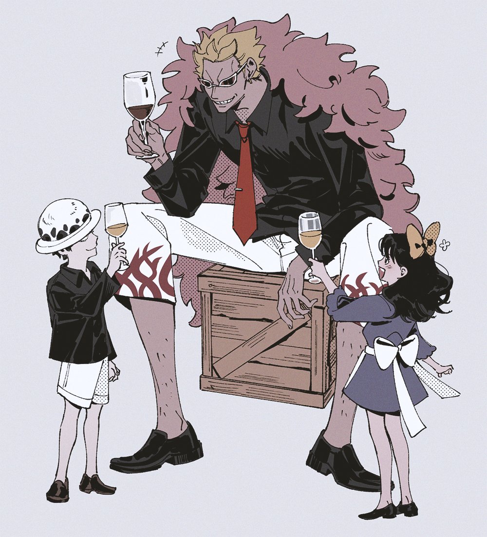 1girl 2boys aged_down apron baby_5 black_dress black_hair black_shirt blonde_hair bow box capri_pants child closed_mouth coat cup dodo_(cutedodo3131ns) donquixote_doflamingo dress drinking_glass grey_background hair_bow hat long_hair looking_at_another maid_apron multiple_boys necktie one_piece open_mouth pants pink_coat red_necktie shirt short_hair shorts simple_background sitting smile standing sunglasses toasting_(gesture) trafalgar_law white_hat white_shorts wine_glass yellow_bow