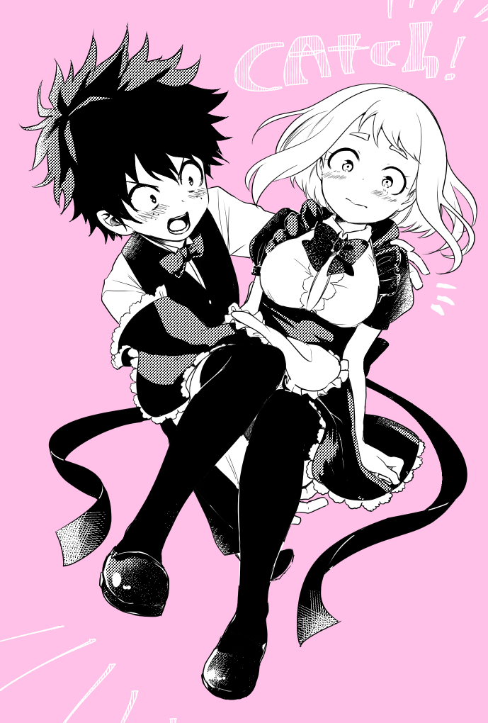 1boy 1girl apron boku_no_hero_academia bow bowtie breasts carrying commentary_request dress freckles greyscale_with_colored_background maid medium_breasts midoriya_izuku princess_carry short_dress thighhighs traditional_bowtie underbust uraraka_ochako vest waist_apron waiter yuama