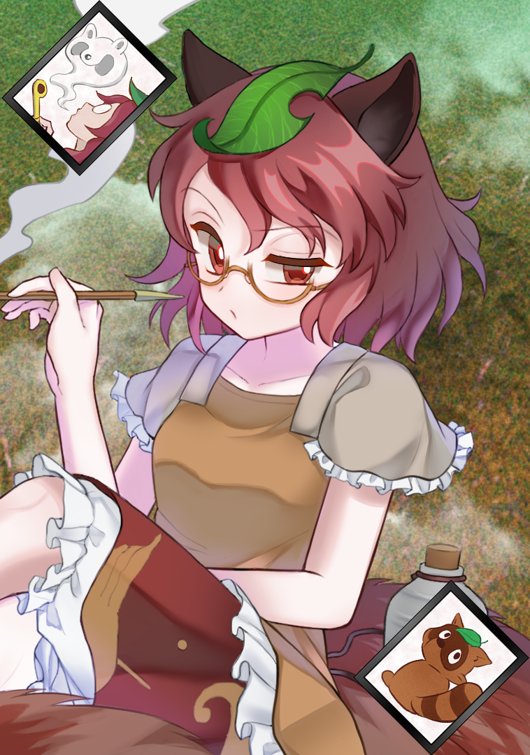 1girl ability_card_(touhou) animal_ears brown_eyes brown_hair brown_skirt commentary_request futatsuiwa_mamizou glasses holding holding_smoking_pipe leaf leaf_on_head mirei_(miirei) raccoon_ears raccoon_girl raccoon_tail short_sleeves skirt smoking_pipe solo tail tanuki touhou unfinished_dream_of_all_living_ghost