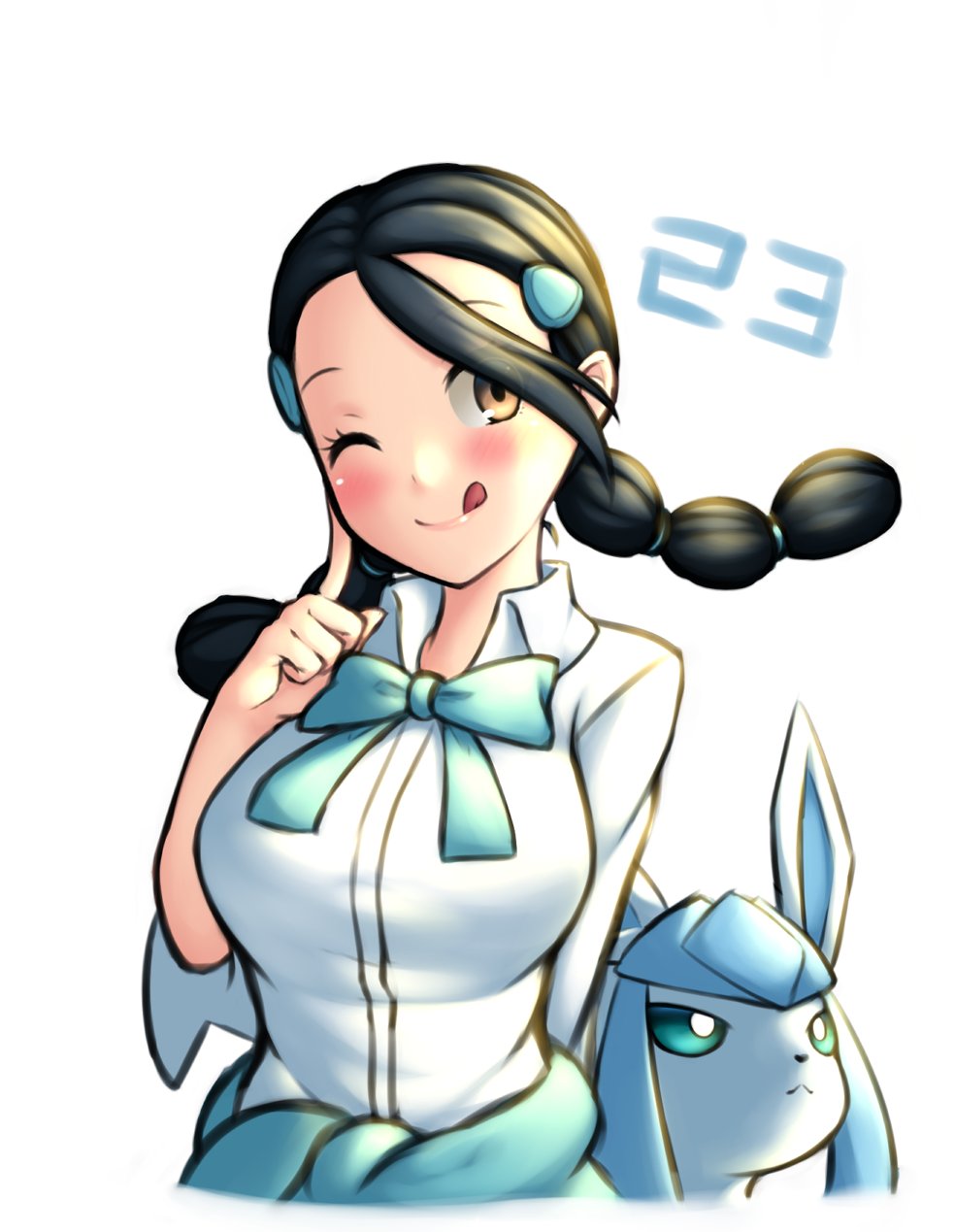 1girl :q black_hair blush breasts candice_(pokemon) clothes_around_waist creatures_(company) game_freak gen_4_pokemon glaceon highres large_breasts long_hair multi-tied_hair nintendo one_eye_closed pinguinkotak pokemon pokemon_dppt sweater sweater_around_waist tongue tongue_out wink