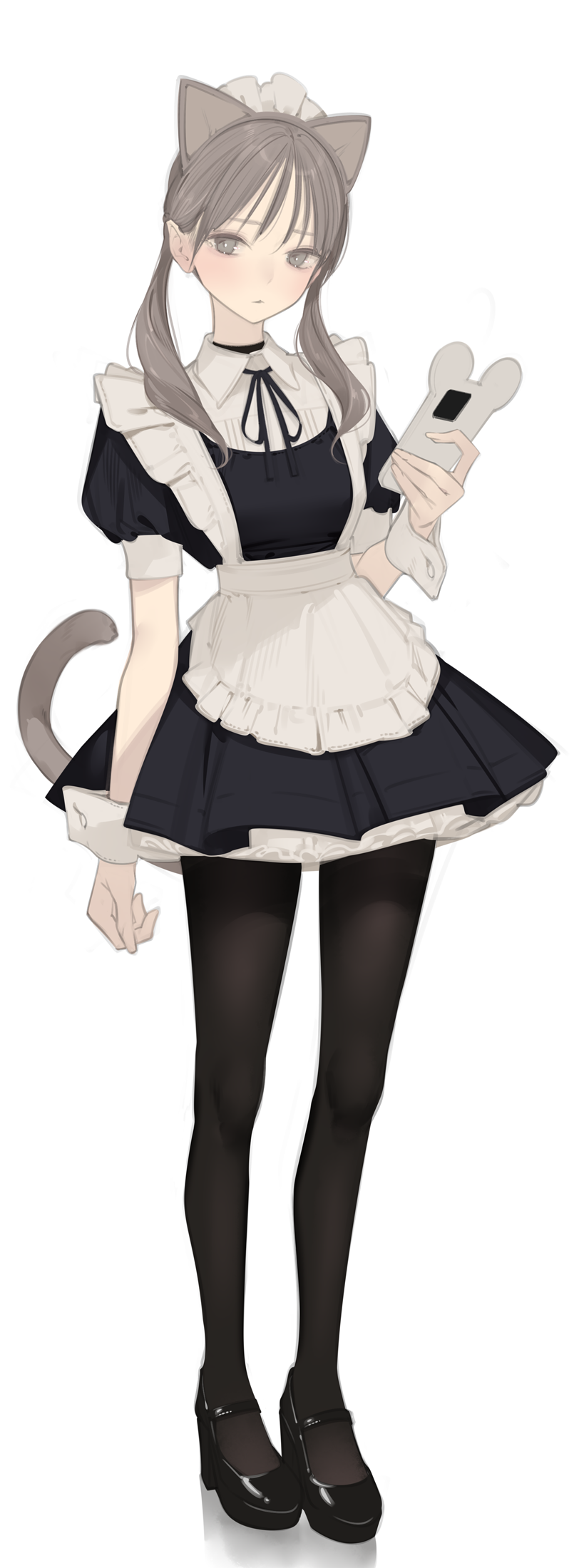 1girl ama_mitsuki animal_ears apron black_dress black_footwear black_pantyhose blush cat_ears cat_tail cellphone dress frilled_apron frills grey_eyes grey_hair highres holding holding_phone long_hair looking_at_viewer low_twintails maid maid_apron maid_headdress original pantyhose phone puffy_short_sleeves puffy_sleeves short_sleeves smartphone solo standing tail thighband_pantyhose twintails waist_apron white_apron wrist_cuffs