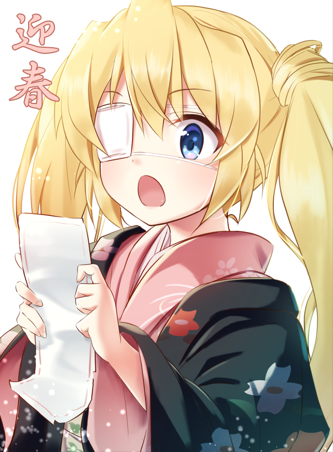 1girl :o blonde_hair blue_eyes eyepatch floral_print hair_between_eyes haori hatsumoude holding japanese_clothes kimono long_hair nakatsu_shizuru new_year pink_kimono rewrite simple_background solo tagame_(tagamecat) twintails upper_body white_background