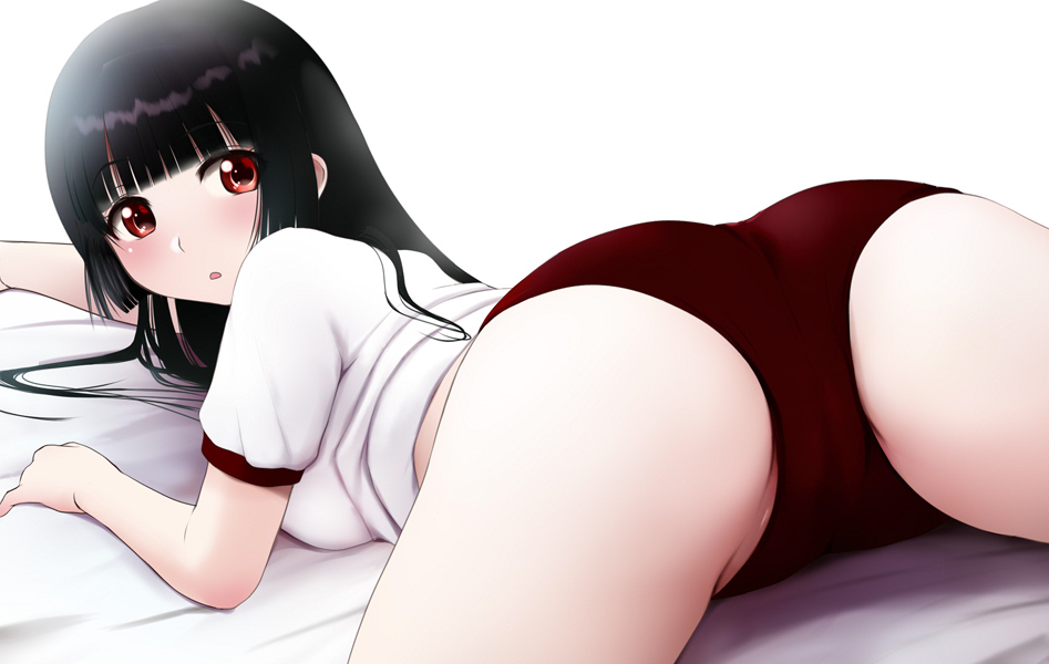 Kozue Akari Enma Ai Jigoku Shoujo Commentary Request 1girl O Ass Bed Sheet Black Hair 