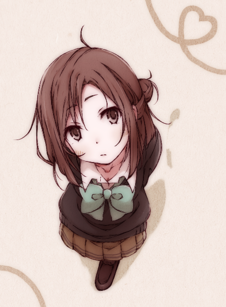 10s 1girl bow brown_eyes brown_hair female_focus fujimiya_kaori hair_bun isshuukan_friends itituki looking_at_viewer looking_up pleated_skirt school_uniform short_hair single_hair_bun skirt solo walking