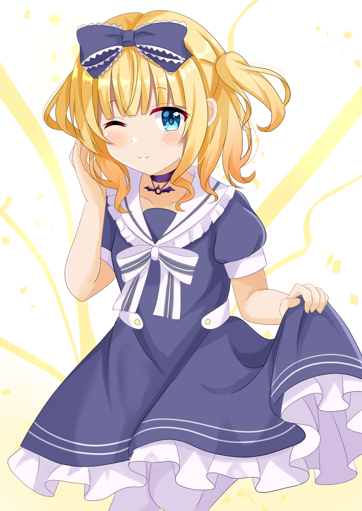 1girl blonde_hair blue_eyes blush bow bowtie choker dress frilled_skirt frills gochuumon_wa_usagi_desu_ka? hair_bow kirima_syaro looking_at_viewer matcha_(soratohana128) medium_hair one_eye_closed pendant_choker sailor_collar sailor_dress short_sleeves skirt skirt_hold smile solo two_side_up