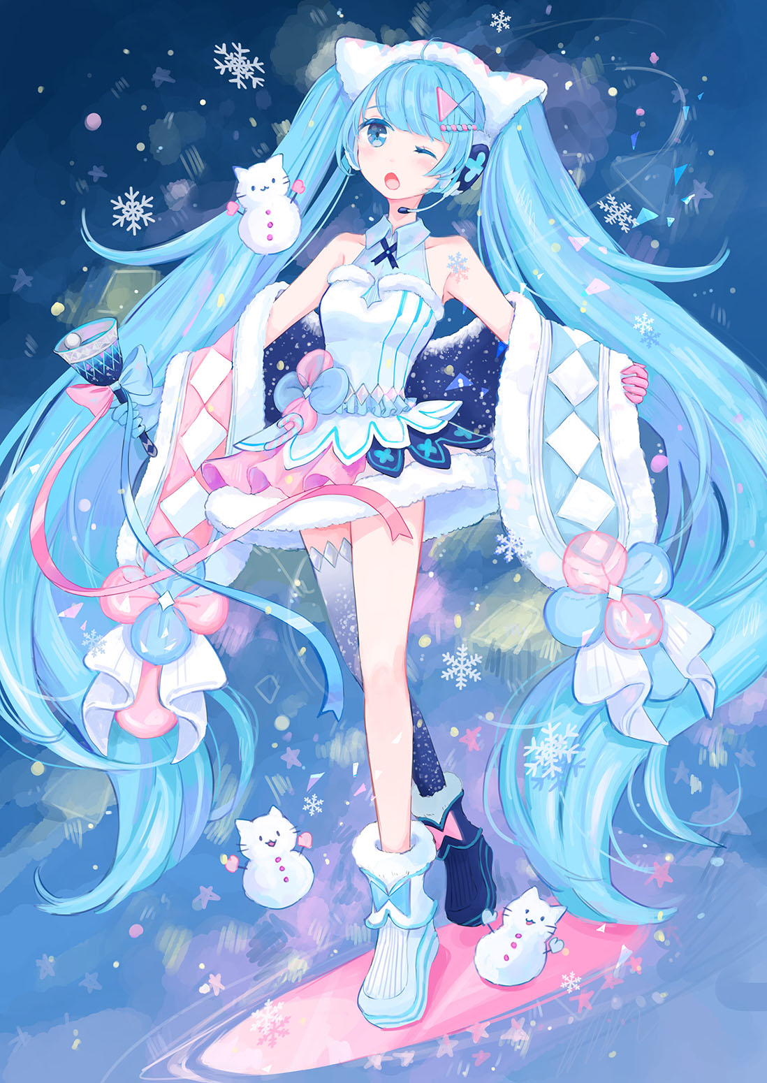 1girl ;o armpits asymmetrical_gloves asymmetrical_legwear bell black_footwear blue_background blue_eyes blue_gloves blue_hair boots collared_dress detached_sleeves dress fur-trimmed_boots fur-trimmed_dress fur-trimmed_sleeves fur_trim gloves hair_ornament hatsune_miku headset highres holding holding_bell long_hair magical_mirai_(vocaloid) magical_mirai_miku magical_mirai_miku_(2020_winter) mismatched_gloves mismatched_legwear one_eye_closed pink_gloves single_thighhigh sleeveless sleeveless_dress snowflakes snowman solo standing star_(symbol) star_print thighhighs twintails very_long_hair vocaloid white_footwear yutukicom