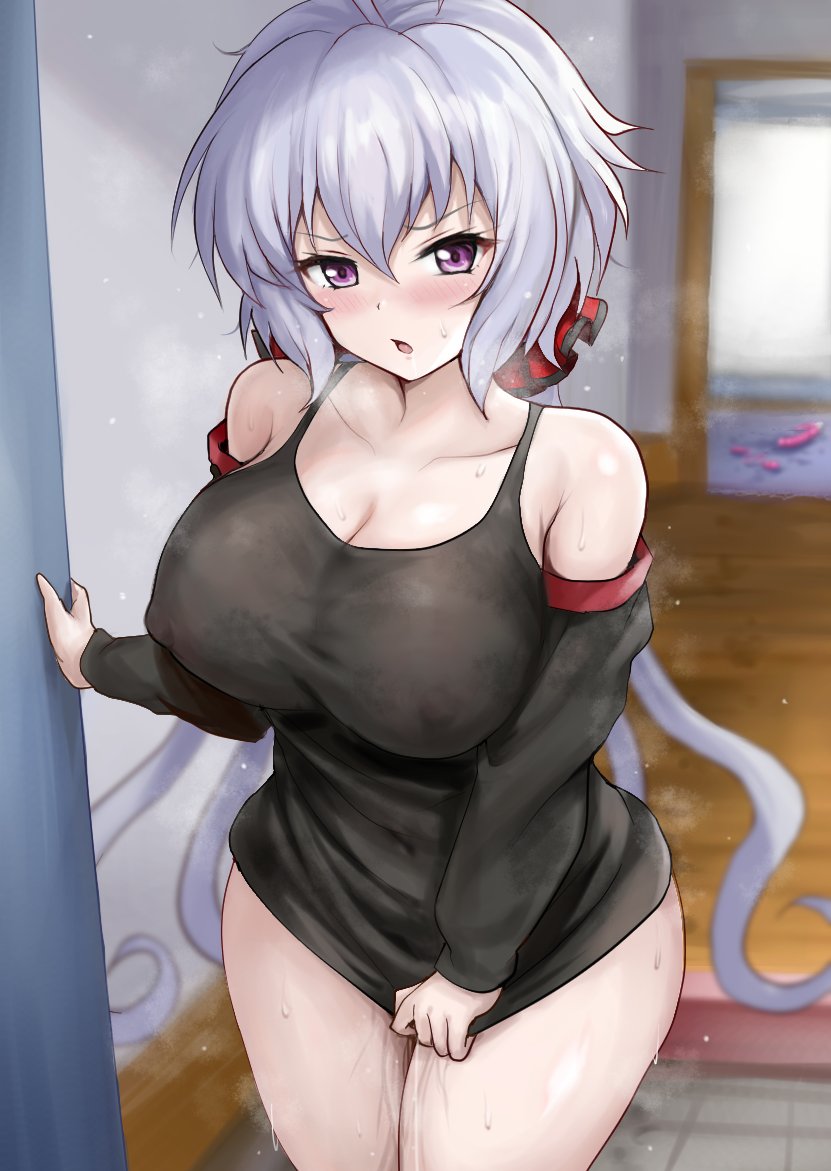 1girl ahoge blush breasts cleavage dildo grey_hair hair_between_eyes hair_ornament large_breasts long_hair looking_at_viewer low_twintails open_mouth purple_eyes r-binon senki_zesshou_symphogear sex_toy solo twintails very_long_hair vibrator white_hair yukine_chris