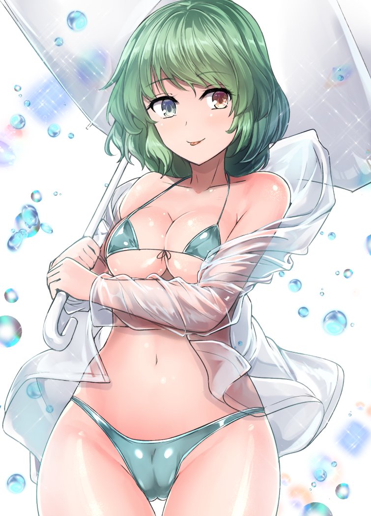 1girl aqua_hair bikini blue_bikini blue_eyes breasts cleavage commentary_request heterochromia jacket large_breasts looking_at_viewer midriff navel red_eyes see-through_clothes simple_background smile solo swimsuit tatara_kogasa tongue tongue_out touhou umbrella white_background y2