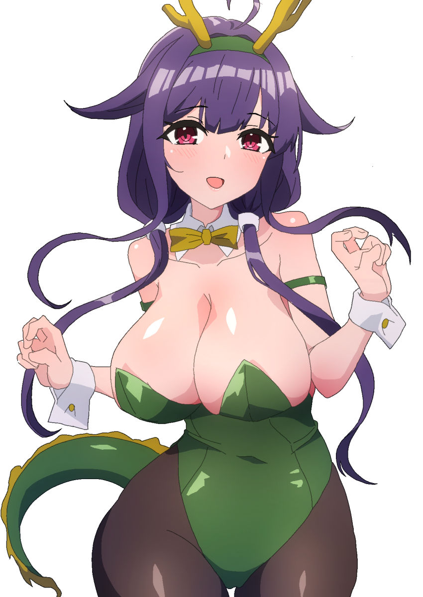 1girl ahoge black_pantyhose breasts cleavage comala_(komma_la) dragon_girl dragon_horns dress green_dress happy_new_year highres horns kantai_collection large_breasts leotard long_hair looking_at_viewer new_year off_shoulder open_mouth pantyhose paw_pose playboy_bunny purple_hair red_eyes ryuuhou_(kancolle) sideboob simple_background smile solo strapless strapless_leotard taigei_(kancolle) twintails underboob